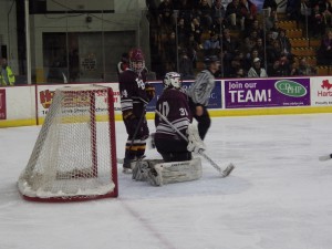 Burnt Hills goalie Ben Koszelak after being scored on by Elliott Hungerford for the third and final time during the game, in the third period.