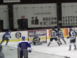 Shen goalie Ben Farstad '14 makes the first of his 22 saves during the game.