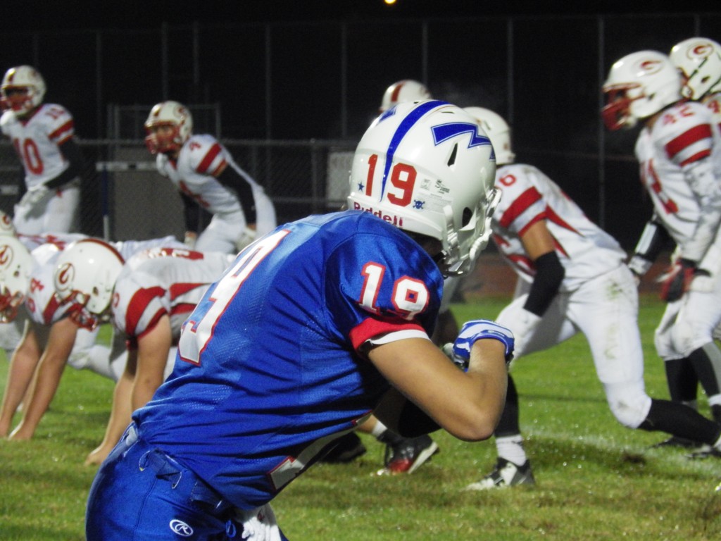 Saratoga defensive end Christian Wagner readies for a play during Friday's game.